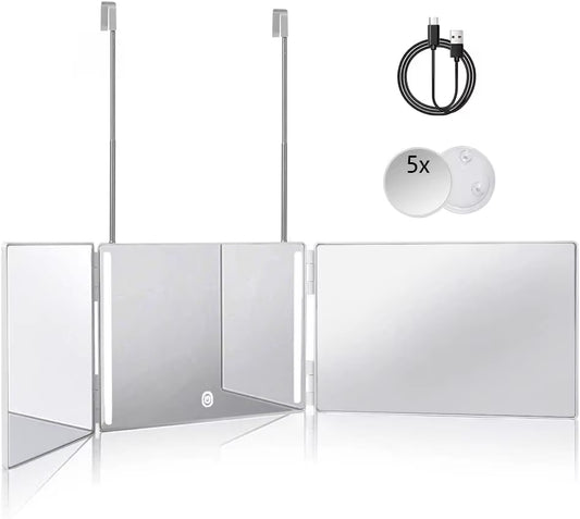 3 Way Mirror for Self Hair Cutting 360° Mirror with LED Lights, Trifold Self Haircut Mirror Rechargeable with Height Adjustable