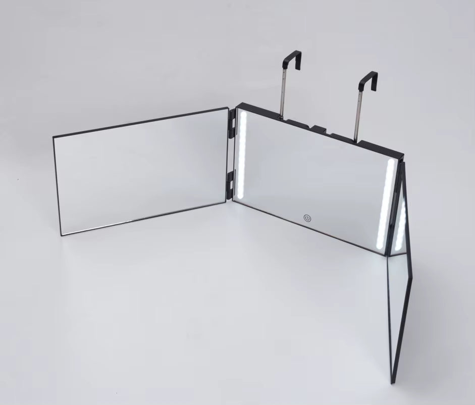 3 Way Mirror for Self Hair Cutting 360° Mirror with LED Lights, Trifold Self Haircut Mirror Rechargeable with Height Adjustable