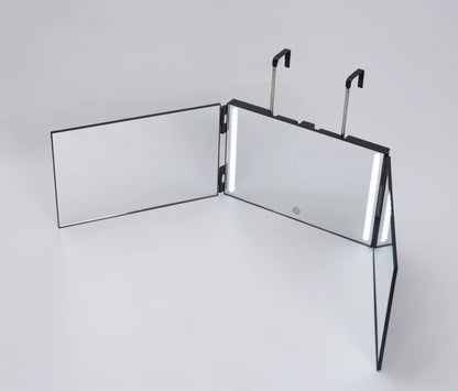 3 Way Mirror for Self Hair Cutting 360° Mirror with LED Lights, Trifold Self Haircut Mirror Rechargeable with Height Adjustable