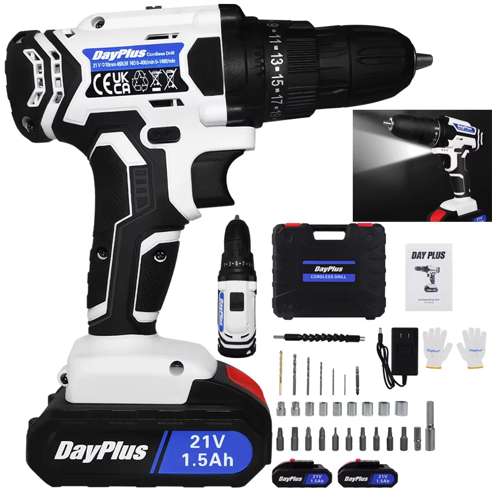 Cordless Combi Drill &Impact Driver Set with 2PC 1500Mah Li-Ion Battery,Variable Speed Drill Driver, 25+1 Torque Setting