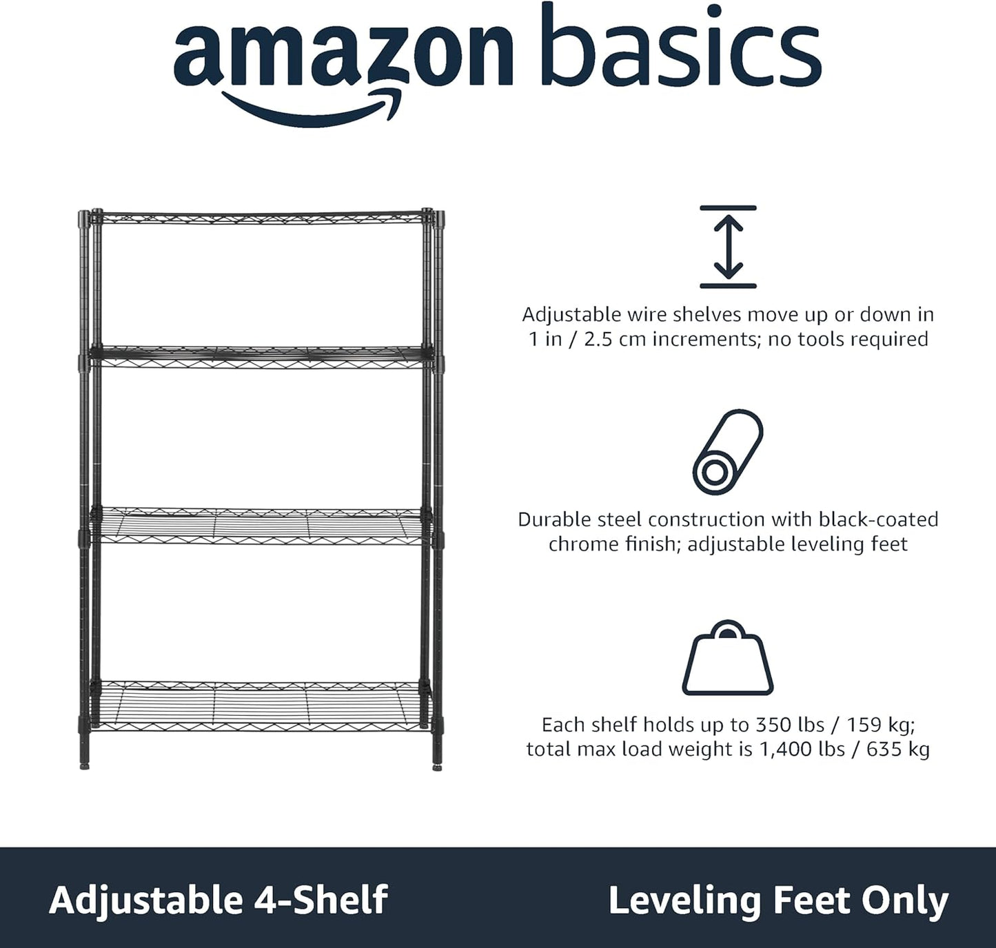 4-Shelf Storage Unit with Height Adjustable Shelves and Levelling Feet, 640 Kg Max Weight, Black, 35.6 Cm D X 91.4 Cm W X 137.1 Cm H