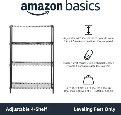4-Shelf Storage Unit with Height Adjustable Shelves and Levelling Feet, 640 Kg Max Weight, Black, 35.6 Cm D X 91.4 Cm W X 137.1 Cm H