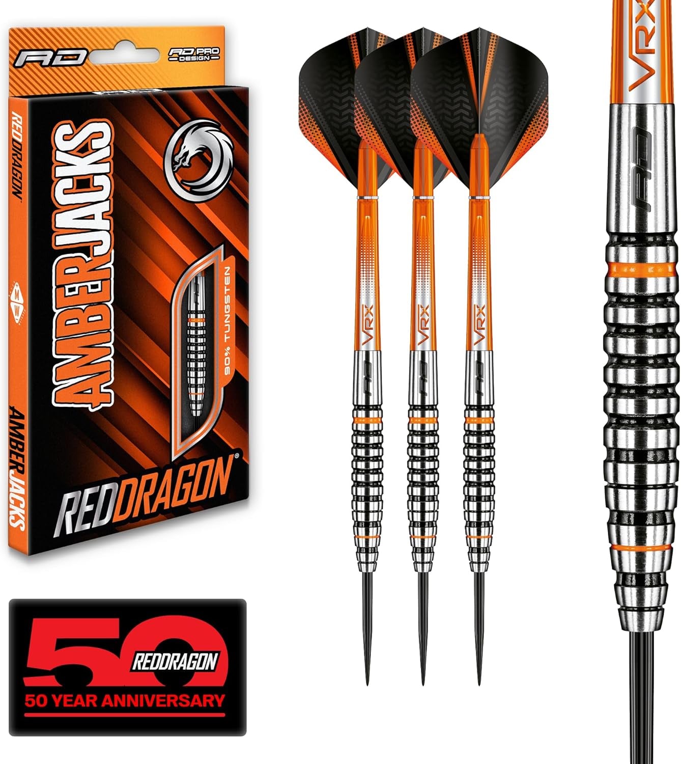 Amberjack Tungsten Darts Set with Darts Flights & Dart Stems (Shafts) – Professional 90% Tungsten Premium Darts Set – Available in 22G, 23G, 24G, 25G, 26G, 27G, 28G, 30G