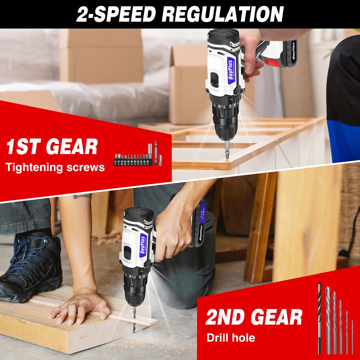 Cordless Combi Drill &Impact Driver Set with 2PC 1500Mah Li-Ion Battery,Variable Speed Drill Driver, 25+1 Torque Setting