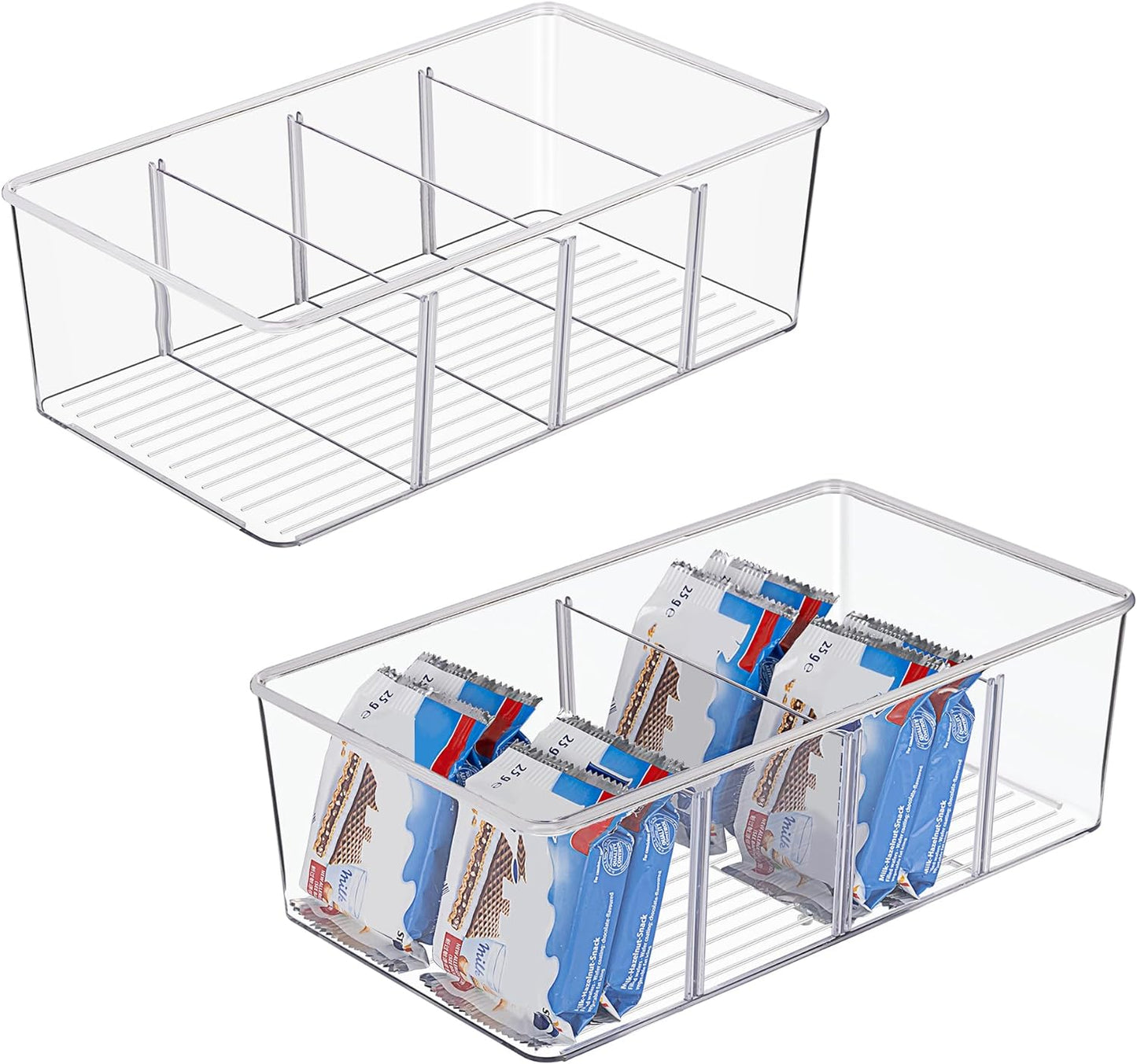 4 Pack Food Storage Organizer Bins, Clear Plastic Bins for Pantry, Kitchen, Fridge, Cabinet Organization and Storage, 4 Compartment Holder Packets, Snacks, Pouches, Spice Packets