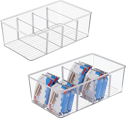 4 Pack Food Storage Organizer Bins, Clear Plastic Bins for Pantry, Kitchen, Fridge, Cabinet Organization and Storage, 4 Compartment Holder Packets, Snacks, Pouches, Spice Packets