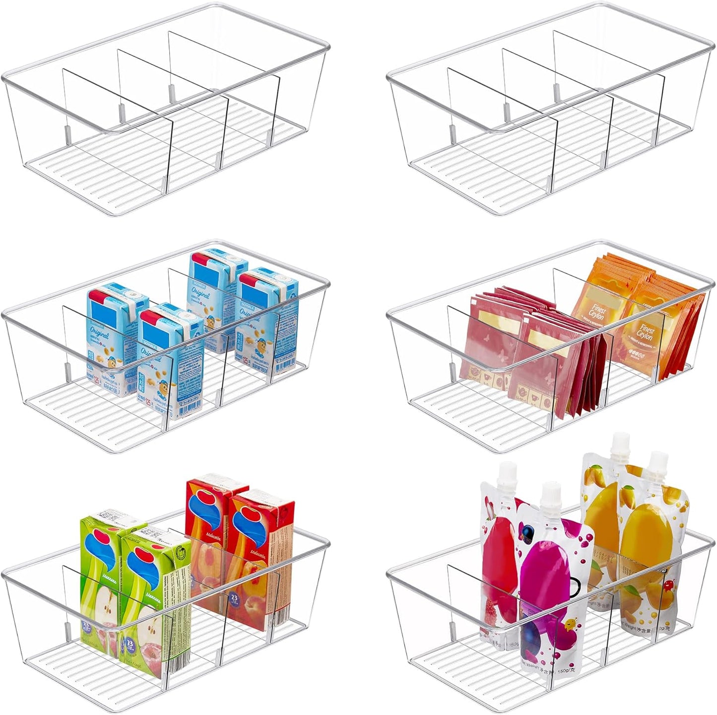 4 Pack Food Storage Organizer Bins, Clear Plastic Bins for Pantry, Kitchen, Fridge, Cabinet Organization and Storage, 4 Compartment Holder Packets, Snacks, Pouches, Spice Packets